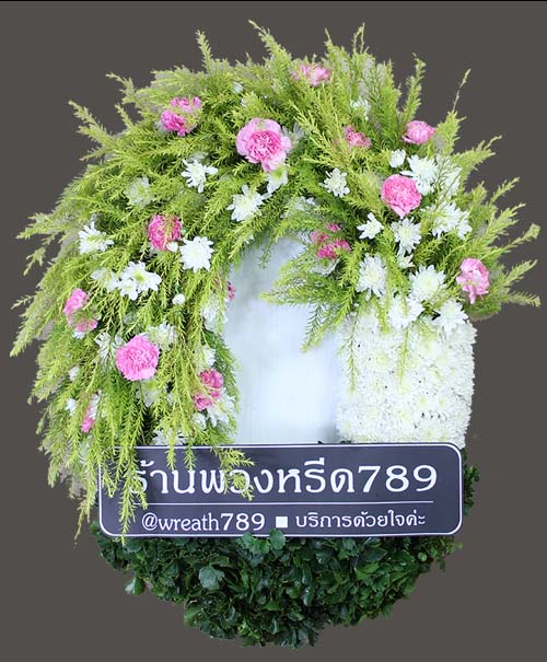 พวงหรีดดอกไม้สดราคา 1,300 บาท โทนสีชมพู